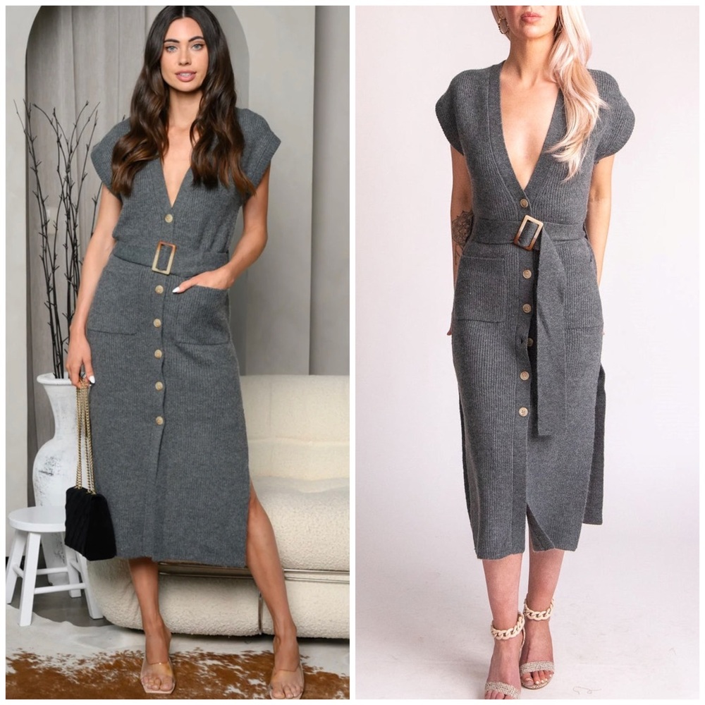 MALIBU BUM Button Down Charcoal Gray Sweater Midi Dress - Picture 4 of 8